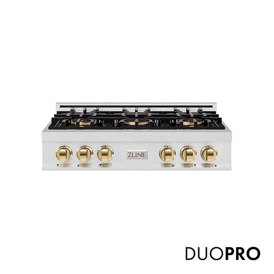 ZLINE Autograph Edition 36 in. Classic Gas Rangetop with 6 Burner DuoPro™ Cooktop in Satin Stainless Steel and Polished Gold Accents (PCRTSZ-36-G)