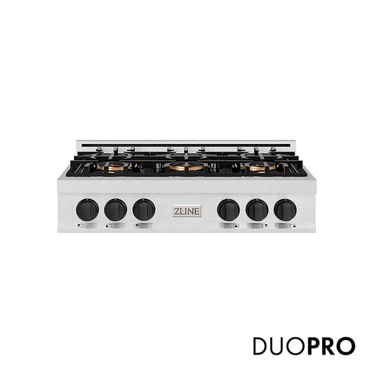 ZLINE Autograph Edition 36 in. Classic Gas Rangetop with 6 Burner DuoPro™ Cooktop in Satin Stainless Steel and Matte Black Accents (PCRTSZ-36-MB)