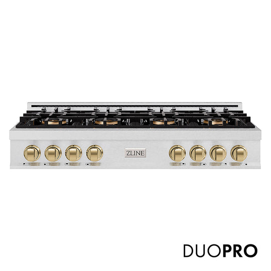 ZLINE Autograph Edition 48 in. Classic Gas Rangetop with 8 Burner DuoPro™ Cooktop in Satin Stainless Steel and Champagne Bronze Accents (PCRTSZ-48-CB)