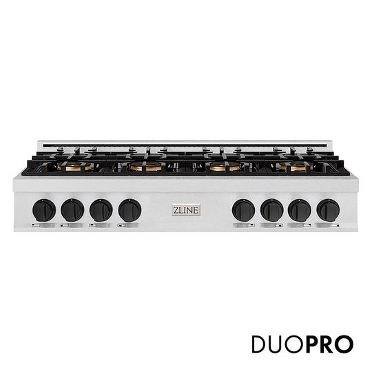 ZLINE Autograph Edition 48 in. Classic Gas Rangetop with 8 Burner DuoPro™ Cooktop in Satin Stainless Steel and Matte Black Accents (PCRTSZ-48-MB)