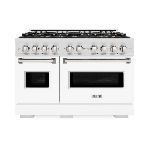 ZLINE 48 in. 6.7 cu. ft. Classic Dual Fuel Range with 8 Burner DuoPro™ Cooktop and Dual Ovens in Satin Stainless Steel with White Matte Doors (PCDRS-WM-48)