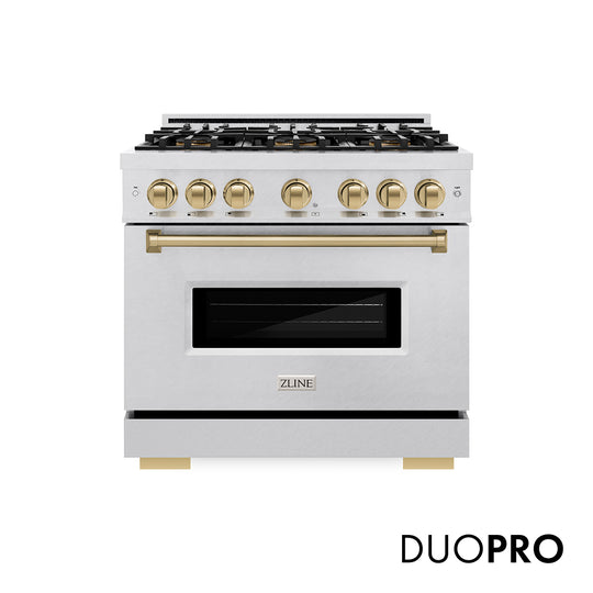 ZLINE Autograph Edition 36 in. 5.2 cu. ft. Classic Dual Fuel Range with 6 Burner DuoPro™ Cooktop and Electric Convection Oven in Satin Stainless Steel and Champagne Bronze Accents (PCDRSZ-36-CB)