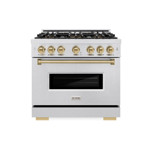 ZLINE Autograph Edition 36 in. 5.2 cu. ft. Classic Dual Fuel Range with 6 Burner DuoPro™ Cooktop and Electric Convection Oven in Satin Stainless Steel and Champagne Bronze Accents (PCDRSZ-36-CB)