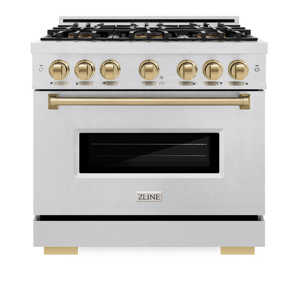 ZLINE Autograph Edition 36 in. 5.2 cu. ft. Classic Dual Fuel Range with 6 Burner DuoPro™ Cooktop and Electric Convection Oven in Satin Stainless Steel and Champagne Bronze Accents (PCDRSZ-36-CB)