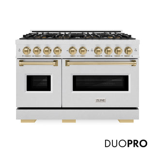 ZLINE Autograph Edition 48 in. 6.7 cu. ft. Classic Dual Fuel Range with 8 Burner DuoPro™ Cooktop and Dual Ovens in Satin Stainless Steel and Champagne Bronze Accents (PCDRSZ-48-CB)