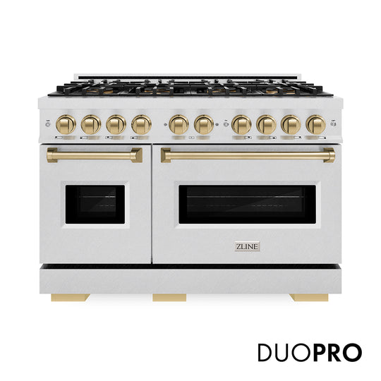 ZLINE Autograph Edition 48 in. 6.7 cu. ft. Classic Dual Fuel Range with 8 Burner DuoPro™ Cooktop and Dual Ovens in Satin Stainless Steel and Champagne Bronze Accents (PCDRSZ-48-CB)