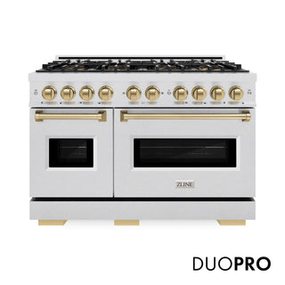 ZLINE Autograph Edition 48 in. 6.7 cu. ft. Classic Dual Fuel Range with 8 Burner DuoPro™ Cooktop and Dual Ovens in Satin Stainless Steel and Champagne Bronze Accents (PCDRSZ-48-CB)
