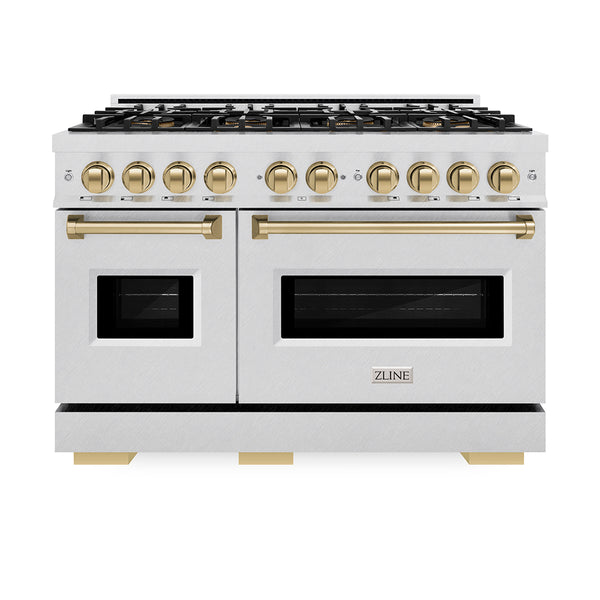 ZLINE Autograph Edition 48 in. 6.7 cu. ft. Classic Dual Fuel Range with 8 Burner DuoPro™ Cooktop and Dual Ovens in Satin Stainless Steel and Champagne Bronze Accents (PCDRSZ-48-CB)