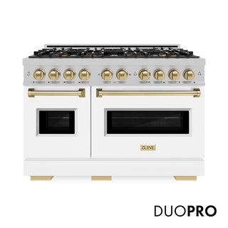 ZLINE Autograph Edition 48 in. 6.7 cu. ft. Classic Dual Fuel Range with 8 Burner DuoPro™ Cooktop and Dual Ovens in Satin Stainless Steel with White Matte Doors and Champagne Bronze Accents (PCDRSZ-WM-48-CB)