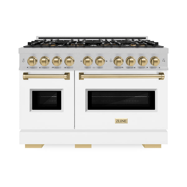ZLINE Autograph Edition 48 in. 6.7 cu. ft. Classic Dual Fuel Range with 8 Burner DuoPro™ Cooktop and Dual Ovens in Satin Stainless Steel with White Matte Doors and Champagne Bronze Accents (PCDRSZ-WM-48-CB)