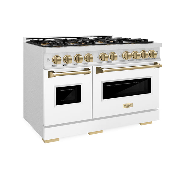 ZLINE Autograph Edition 48 in. 6.7 cu. ft. Classic Dual Fuel Range with 8 Burner DuoPro™ Cooktop and Dual Ovens in Satin Stainless Steel with White Matte Doors and Champagne Bronze Accents (PCDRSZ-WM-48-CB)