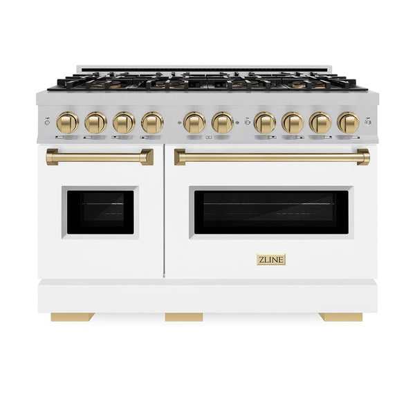 ZLINE Autograph Edition 48 in. 6.7 cu. ft. Classic Dual Fuel Range with 8 Burner DuoPro™ Cooktop and Dual Ovens in Satin Stainless Steel with White Matte Doors and Champagne Bronze Accents (PCDRSZ-WM-48-CB)