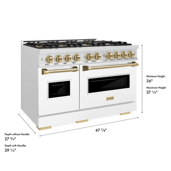 ZLINE Autograph Edition 48 in. 6.7 cu. ft. Classic Dual Fuel Range with 8 Burner DuoPro™ Cooktop and Dual Ovens in Satin Stainless Steel with White Matte Doors and Champagne Bronze Accents (PCDRSZ-WM-48-CB)