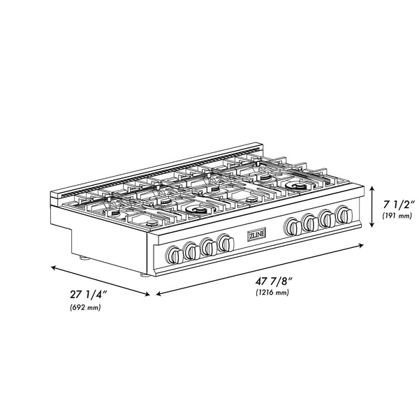 ZLINE Autograph Edition 48 in. Classic Gas Rangetop with 8 Burners and Porcelain Cooktop in Satin Stainless Steel with Matte Black Accents (RTSZ-48-MB)