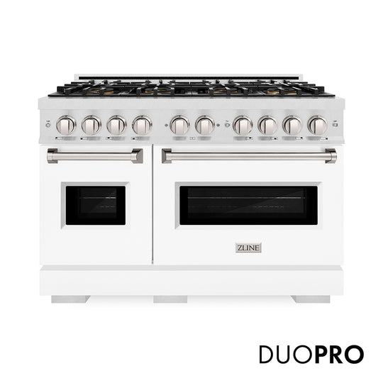 ZLINE 48 in. 6.7 cu. ft. Classic Gas Range with 8 Burner DuoPro™ Cooktop and Dual Ovens in Satin Stainless Steel with White Matte Doors (PCGRS-WM-48)