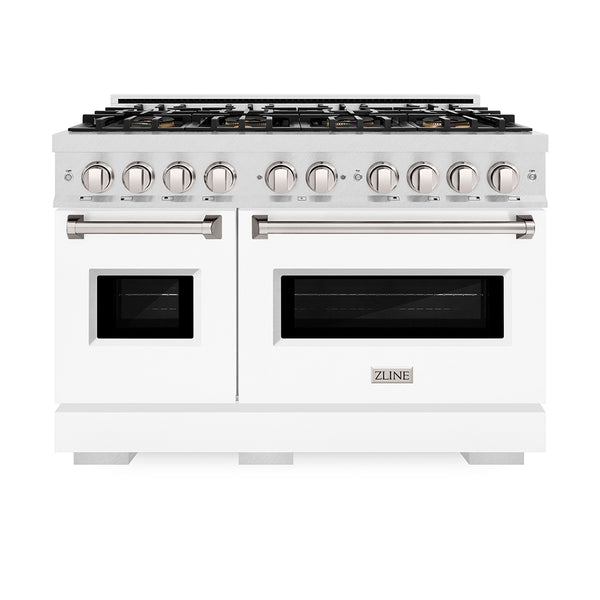 ZLINE 48 in. 6.7 cu. ft. Classic Gas Range with 8 Burner DuoPro™ Cooktop and Dual Ovens in Satin Stainless Steel with White Matte Doors (PCGRS-WM-48)