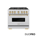 ZLINE Autograph Edition 36 in. 5.2 cu. ft. Classic Gas Range with 6 Burner DuoPro™ Cooktop and Convection Gas Oven in Satin Stainless Steel and Champagne Bronze Accents (PCGRSZ-36-CB)