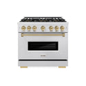 ZLINE Autograph Edition 36 in. 5.2 cu. ft. Classic Gas Range with 6 Burner DuoPro™ Cooktop and Convection Gas Oven in Satin Stainless Steel and Champagne Bronze Accents (PCGRSZ-36-CB)
