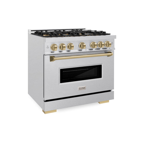 ZLINE Autograph Edition 36 in. 5.2 cu. ft. Classic Gas Range with 6 Burner DuoPro™ Cooktop and Convection Gas Oven in Satin Stainless Steel and Champagne Bronze Accents (PCGRSZ-36-CB)