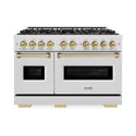 ZLINE Autograph Edition 48 in. 6.7 cu. ft. Classic Gas Range with 8 Burner DuoPro™ Cooktop and Dual Ovens in Satin Stainless Steel and Champagne Bronze Accents (PCGRSZ-48-CB)