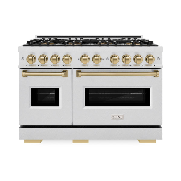 ZLINE Autograph Edition 48 in. 6.7 cu. ft. Classic Gas Range with 8 Burner DuoPro™ Cooktop and Dual Ovens in Satin Stainless Steel and Champagne Bronze Accents (PCGRSZ-48-CB)