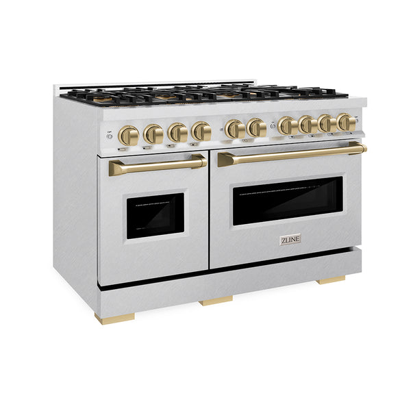ZLINE Autograph Edition 48 in. 6.7 cu. ft. Classic Gas Range with 8 Burner DuoPro™ Cooktop and Dual Ovens in Satin Stainless Steel and Champagne Bronze Accents (PCGRSZ-48-CB)
