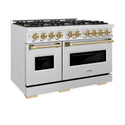 ZLINE Autograph Edition 48 in. 6.7 cu. ft. Classic Gas Range with 8 Burner DuoPro™ Cooktop and Dual Ovens in Satin Stainless Steel and Champagne Bronze Accents (PCGRSZ-48-CB)