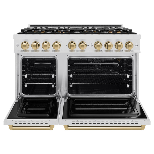 ZLINE Autograph Edition 48 in. 6.7 cu. ft. Classic Gas Range with 8 Burner DuoPro™ Cooktop and Dual Ovens in Satin Stainless Steel and Champagne Bronze Accents (PCGRSZ-48-CB)