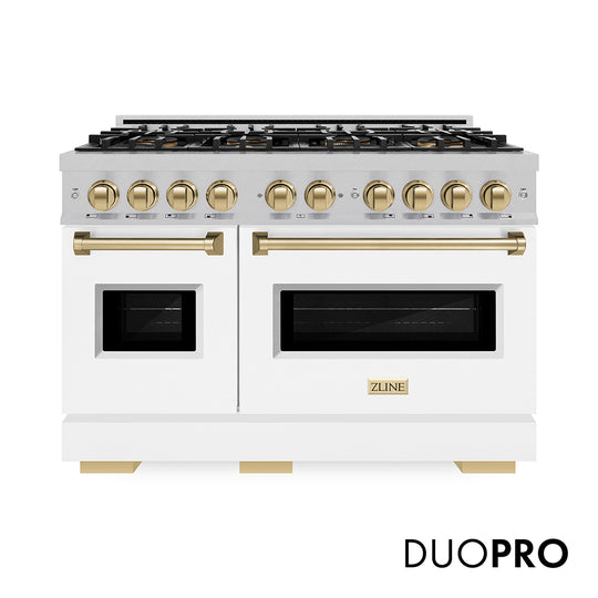 ZLINE Autograph Edition 48 in. 6.7 cu. ft. Classic Gas Range with 8 Burner DuoPro™ Cooktop and Dual Ovens in Satin Stainless Steel with White Matte Doors and Champagne Bronze Accents (PCGRSZ-WM-48-CB)