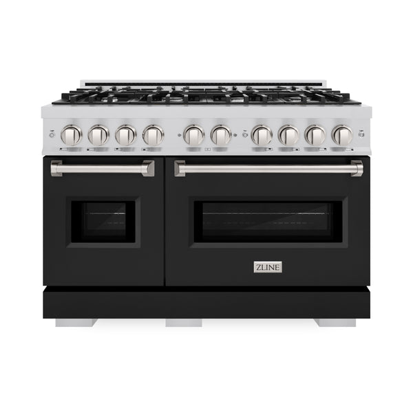 ZLINE 48 in. 6.7 cu. ft. Classic Double Oven Gas Range with 8 Burner Cooktop in Stainless Steel with Black Matte Doors (CGR-BLM-48)