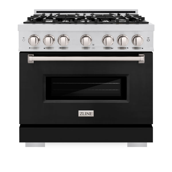 ZLINE 36 in. 5.2 cu. ft. Classic Dual Fuel Range with 6 Burner Gas Cooktop and Electric Convection Oven in Stainless Steel with Black Matte Door (CDR-BLM-36)