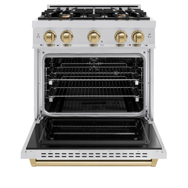 ZLINE Autograph Edition 30 in. 4.2 cu. ft. Classic Dual Fuel Range with 4 Burner Gas Cooktop and Electric Convection Oven in Stainless Steel with Champagne Bronze Accents (CDRZ-30-CB)