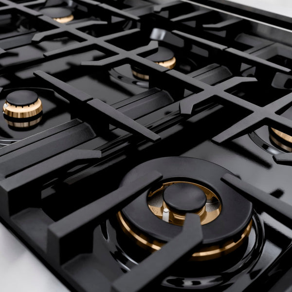 ZLINE Autograph Edition 36 in. 5.2 cu. ft. Classic Dual Fuel Range with 6 Burner Gas Cooktop and Electric Convection Oven in Stainless Steel with Black Matte Door and Champagne Bronze Accents (CDRZ-BLM-36-CB)
