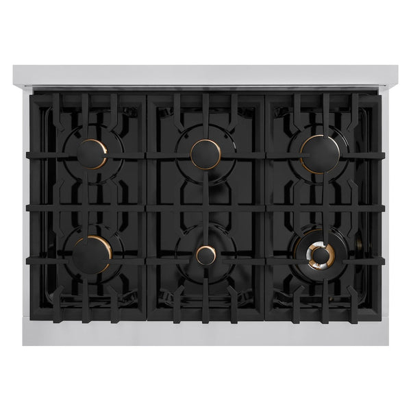 ZLINE Autograph Edition 36 in. 5.2 cu. ft. Classic Dual Fuel Range with 6 Burner Gas Cooktop and Electric Convection Oven in Stainless Steel with Black Matte Door and Champagne Bronze Accents (CDRZ-BLM-36-CB)