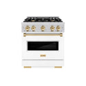 ZLINE Autograph Edition 30 in. 4.2 cu. ft. Classic Gas Range with 4 Burner Cooktop and Convection Gas Oven in Stainless Steel with White Matte Door and Polished Gold Accents (CGRZ-WM-30-G)