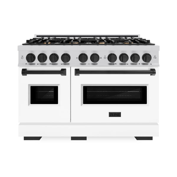 ZLINE Autograph Edition 48 in. 6.7 cu. ft. Classic Double Oven Gas Range with 8 Burner Cooktop in Stainless Steel with White Matte Doors and Matte Black Accents (CGRZ-WM-48-MB)