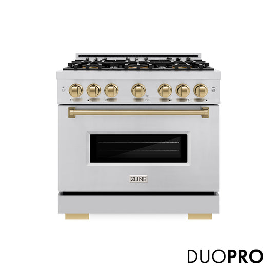 ZLINE Autograph Edition 36 in. 5.2 cu. ft. Classic Dual Fuel Range with 6 Burner DuoPro™ Cooktop and Electric Convection Oven in Stainless Steel and Champagne Bronze Accents (PCDRZ-36-CB)