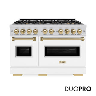 ZLINE Autograph Edition 48 in. 6.7 cu. ft. Classic Dual Fuel Range with 8 Burner DuoPro™ Cooktop and Dual Ovens with White Matte Doors and Champagne Bronze Accents (PCDRZ-WM-48-CB)