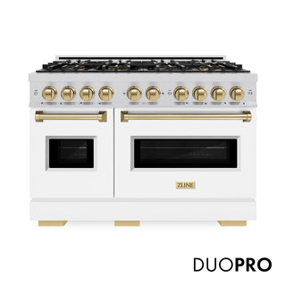 ZLINE Autograph Edition 48 in. 6.7 cu. ft. Classic Dual Fuel Range with 8 Burner DuoPro™ Cooktop and Dual Ovens with White Matte Doors and Champagne Bronze Accents (PCDRZ-WM-48-CB)