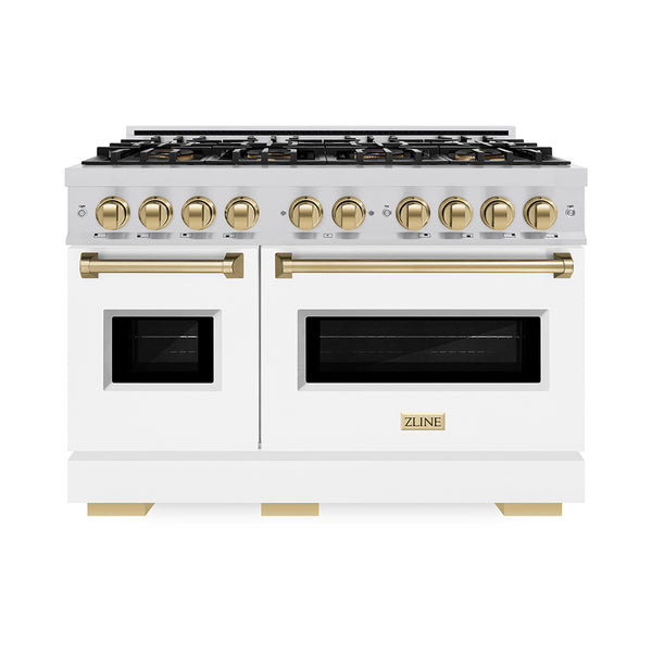 ZLINE Autograph Edition 48 in. 6.7 cu. ft. Classic Dual Fuel Range with 8 Burner DuoPro™ Cooktop and Dual Ovens with White Matte Doors and Champagne Bronze Accents (PCDRZ-WM-48-CB)