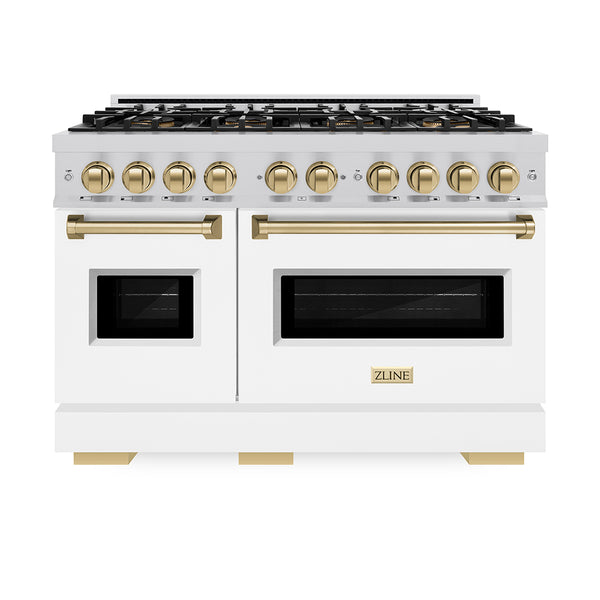 ZLINE Autograph Edition 48 in. 6.7 cu. ft. Classic Dual Fuel Range with 8 Burner DuoPro™ Cooktop and Dual Ovens with White Matte Doors and Champagne Bronze Accents (PCDRZ-WM-48-CB)