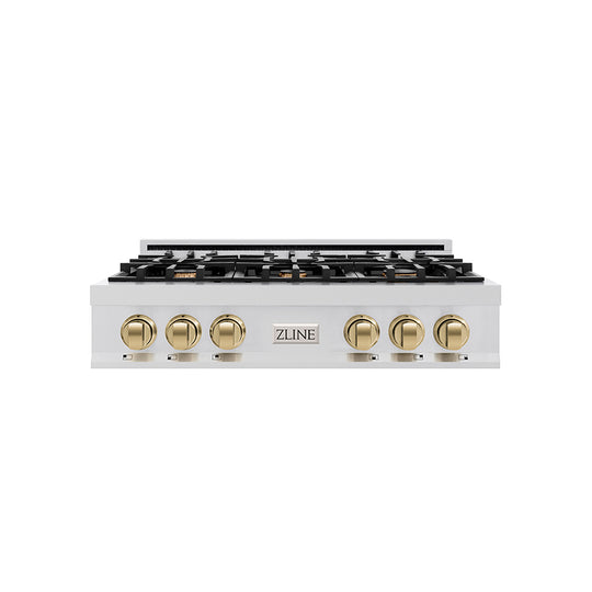 ZLINE Autograph Edition 36 in. Classic Gas Rangetop with 6 Burners and Porcelain Cooktop in Stainless Steel with Champagne Bronze Accents (RTZ-36-CB)