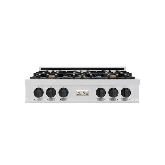 ZLINE Autograph Edition 36 in. Classic Gas Rangetop with 6 Burners and Porcelain Cooktop in Stainless Steel with Matte Black Accents (RTZ-36-MB)