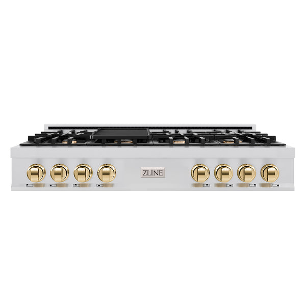 ZLINE Autograph Edition 48 in. Classic Gas Rangetop with 8 Burners and Porcelain Cooktop in Stainless Steel with Polished Gold Accents (RTZ-48-G)