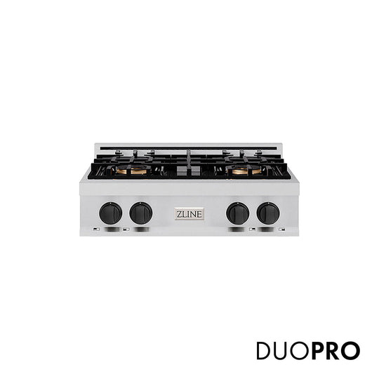 ZLINE Autograph Edition 30 in. Classic Gas Rangetop with 4 Burner DuoPro™ Cooktop in Stainless Steel and Matte Black Accents (PCRTZ-30-MB)