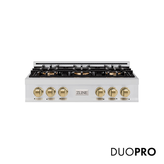 ZLINE Autograph Edition 36 in. Classic Gas Rangetop with 6 Burner DuoPro™ Cooktop in Stainless Steel and Champagne Bronze Accents (PCRTZ-36-CB)