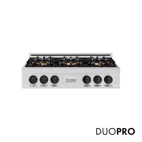 ZLINE Autograph Edition 36 in. Classic Gas Rangetop with 6 Burner DuoPro™ Cooktop in Stainless Steel and Matte Black Accents (PCRTZ-36-MB)
