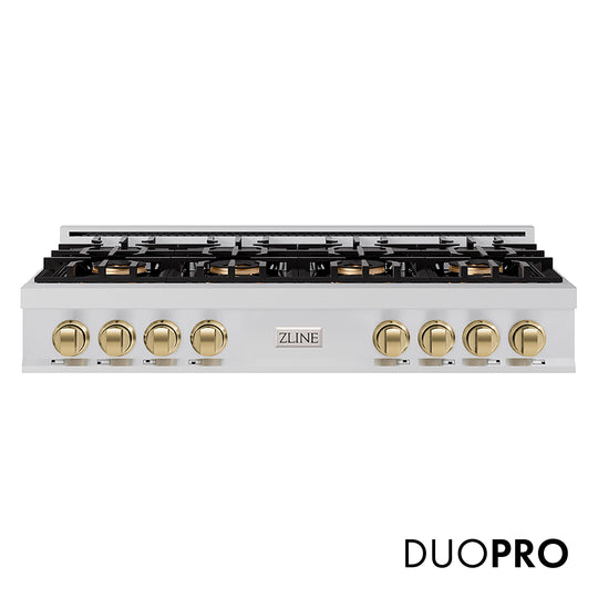 ZLINE Autograph Edition 48 in. Classic Gas Rangetop with 8 Burner DuoPro™ Cooktop in Stainless Steel and Champagne Bronze Accents (PCRTZ-48-CB)