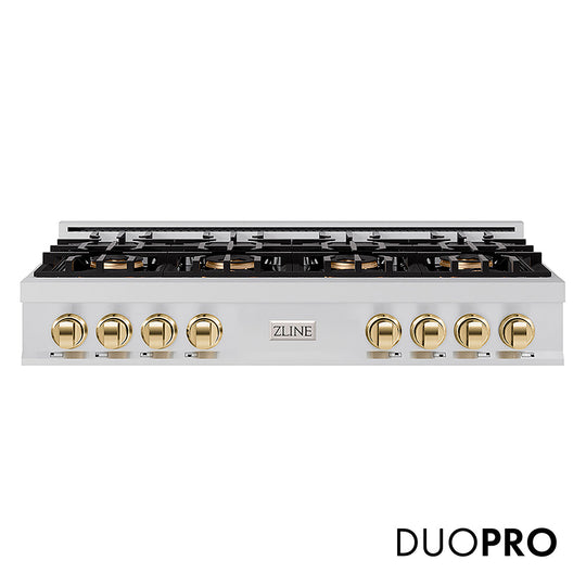 ZLINE Autograph Edition 48 in. Classic Gas Rangetop with 8 Burner DuoPro™ Cooktop in Stainless Steel and Polished Gold Accents (PCRTZ-48-G)