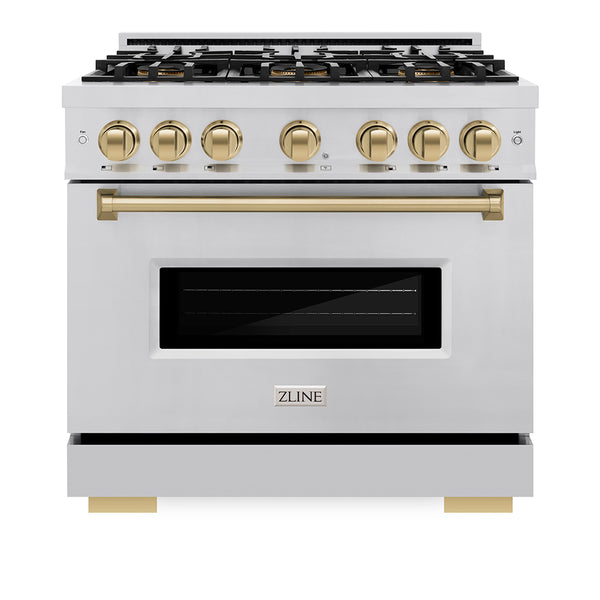 ZLINE Autograph Edition 36 in. 5.2 cu. ft. Classic Gas Range with 6 Burner DuoPro™ Cooktop and Convection Gas Oven in Stainless Steel and Champagne Bronze Accents (PCGRZ-36-CB)